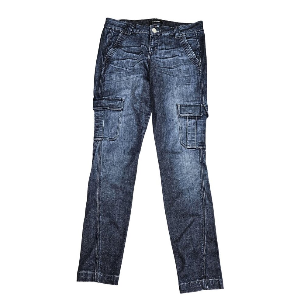 Bebe‎ Cargo Jeans Womens 28 Blue Dark Wash Mid Rise Tapered Stretch Denim Casual
